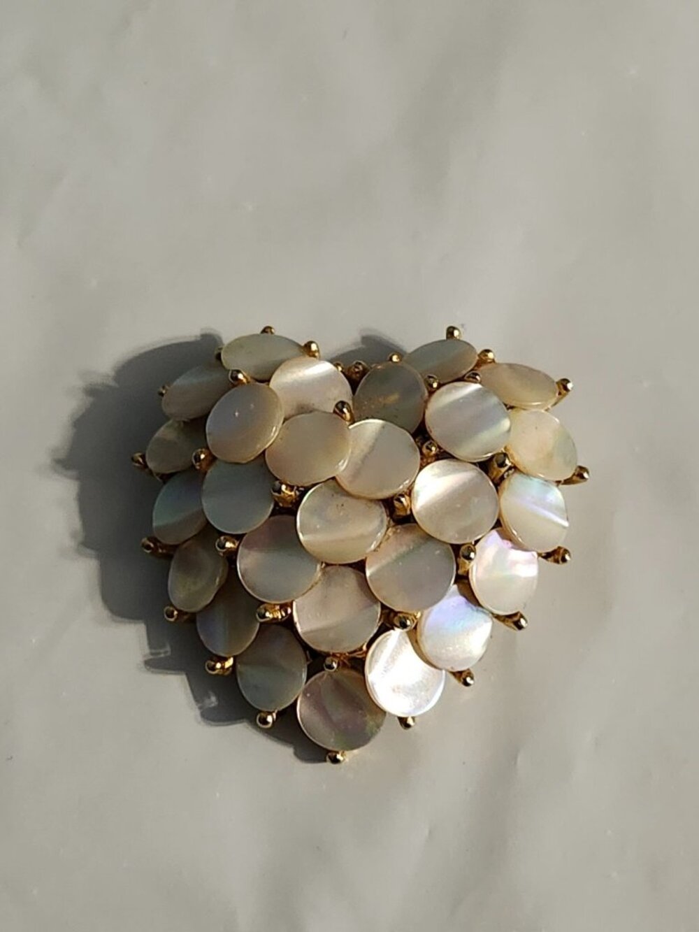 Vintage ART Heart Shaped Brooch Mother of Pearl Gold Tone